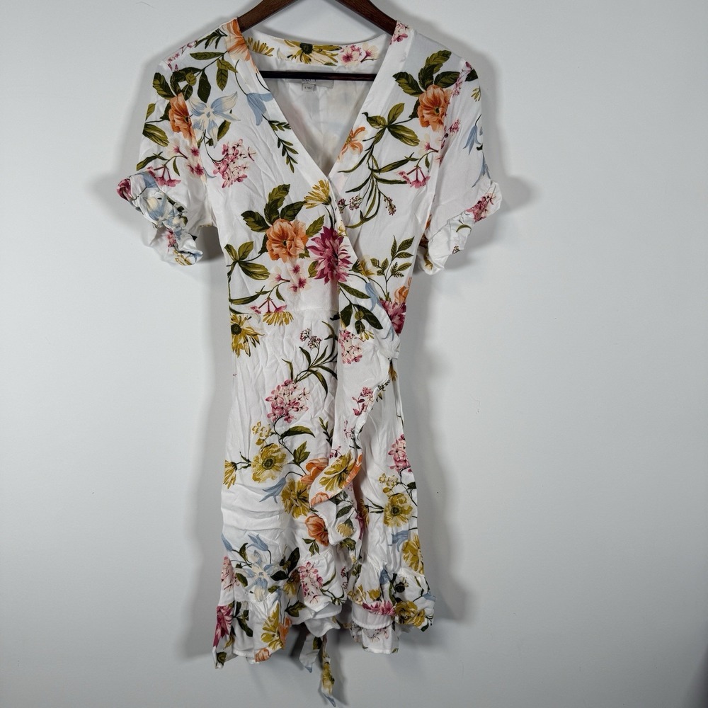 LOFT White Floral Wrap Mini Dress with Pink, Yellow, Green & Blue Accents